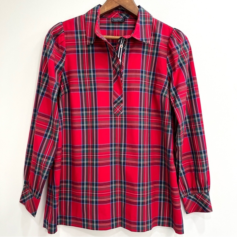 Vineyard Vines Women's Red Tartan Plaid Poplin Popover Tunic Top XS
